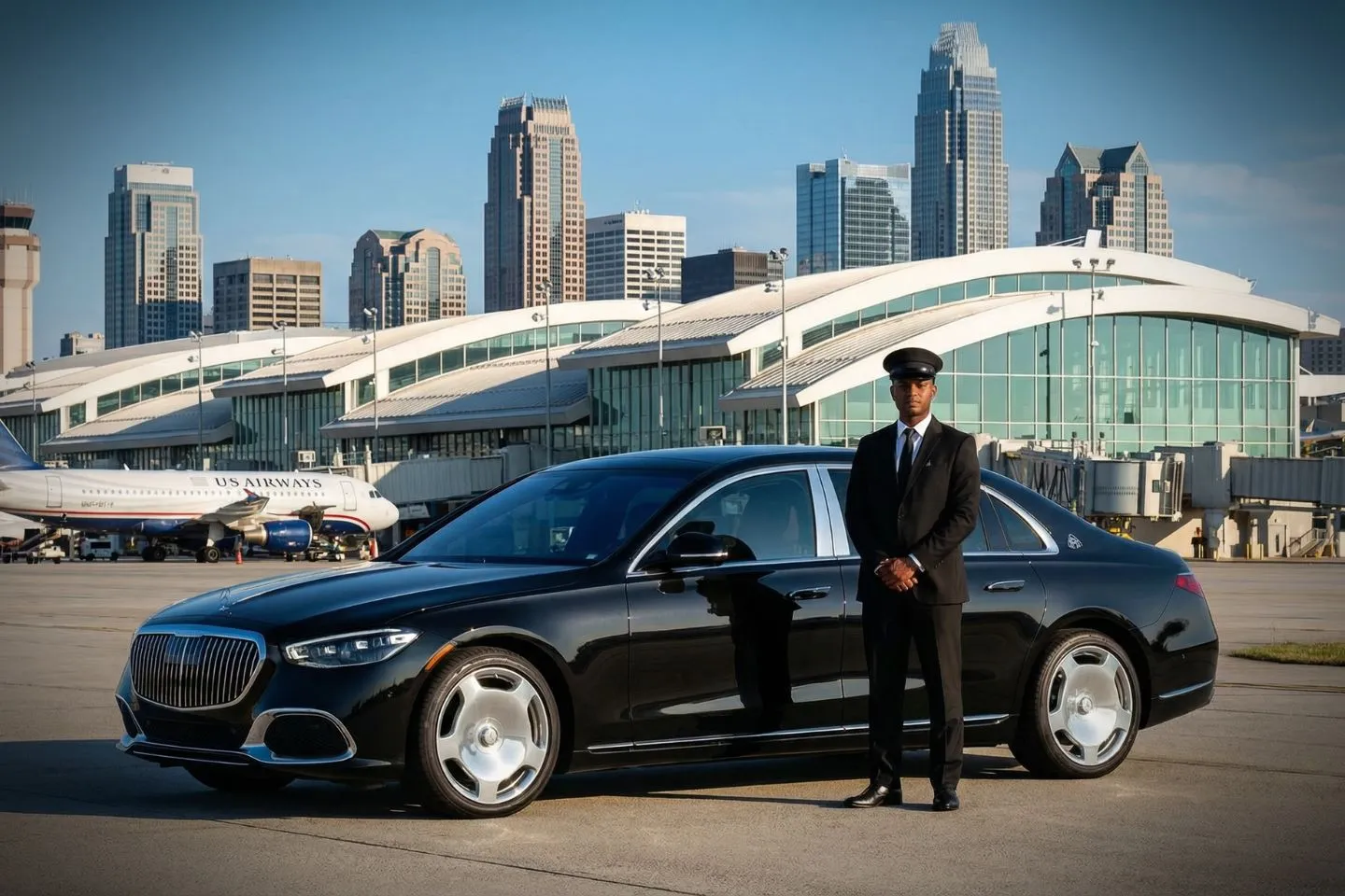 Chauffeur-driven luxury car from North Carolina NC car service on city highway at sunset