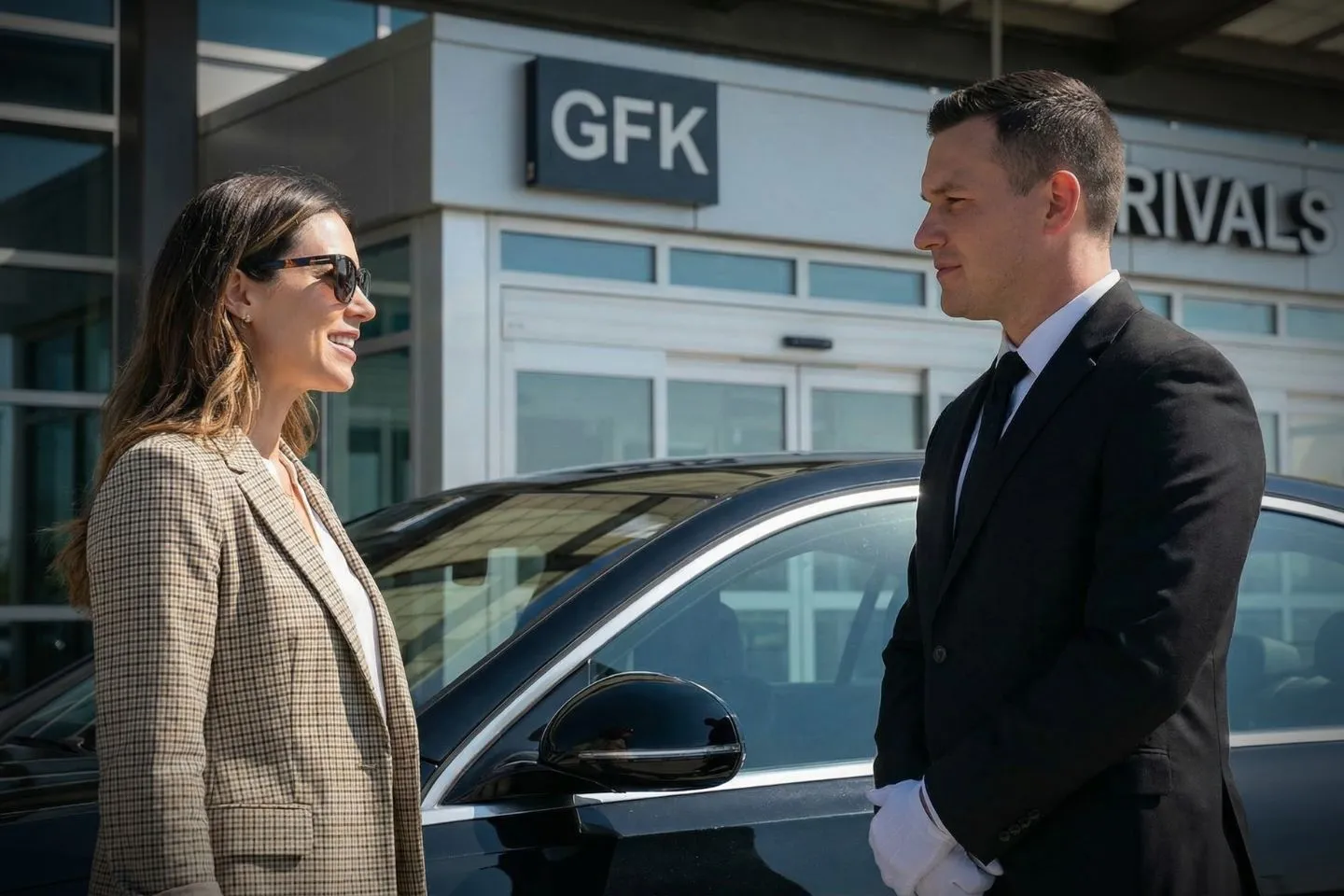 Black SUV from North Dakota, ND Car Service parked outside corporate building