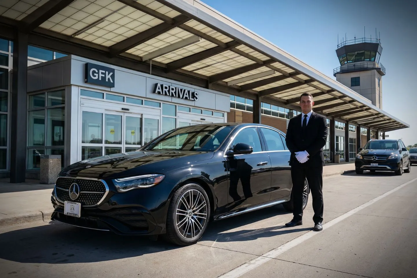 North Dakota, ND Car Service luxury sedan with chauffeur ready for airport pickup