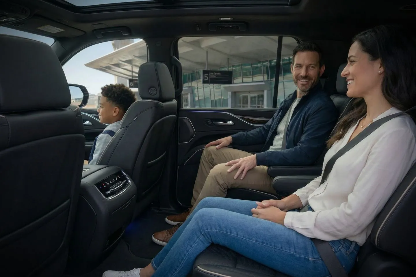 Luxury sedan with chauffeur providing Ohio, OH Car Service for airport pickup in downtown city setting