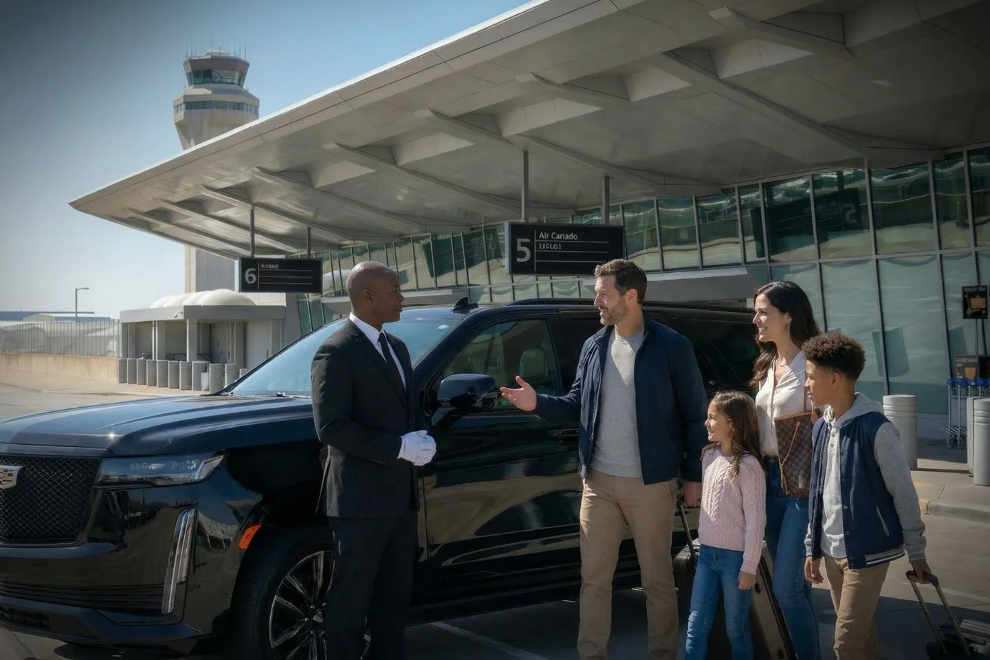 Chauffeur opening door for client using Ohio car service at upscale hotel entrance