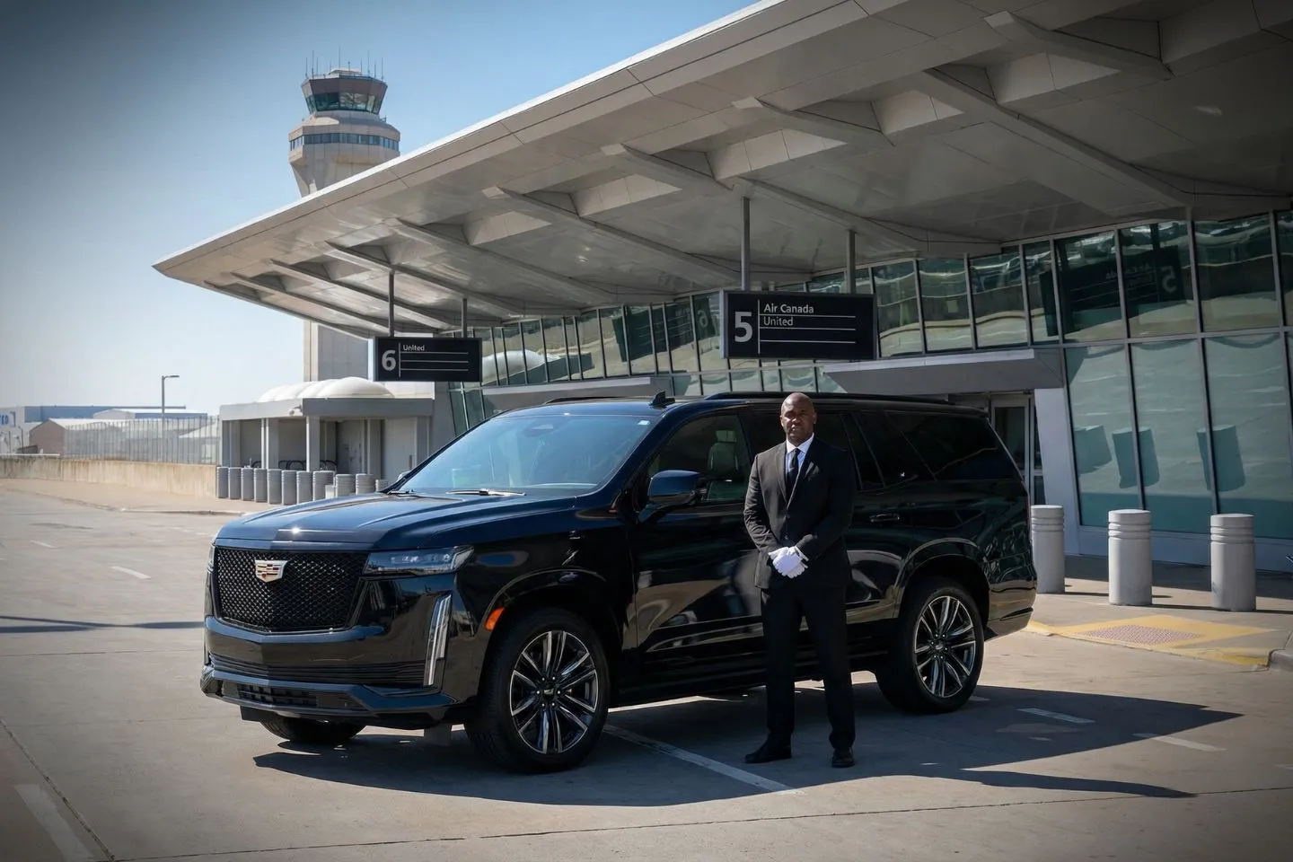 Black SUV offering Ohio car service parked outside Ohio airport terminal with chauffeur