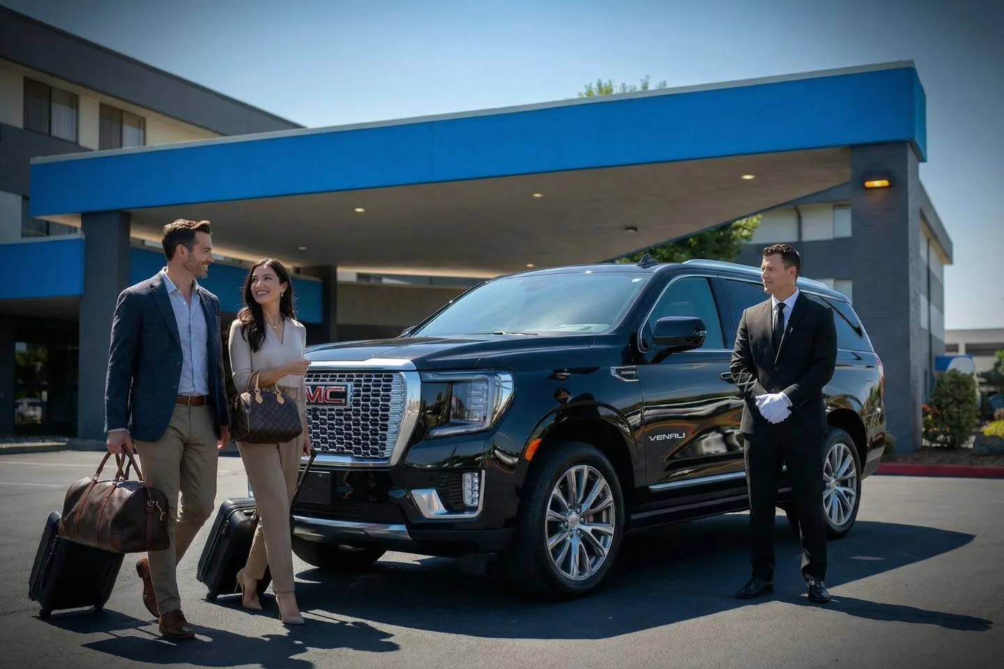 Chauffeur opening door for client using Oklahoma, OK Car Service in downtown Oklahoma City business district