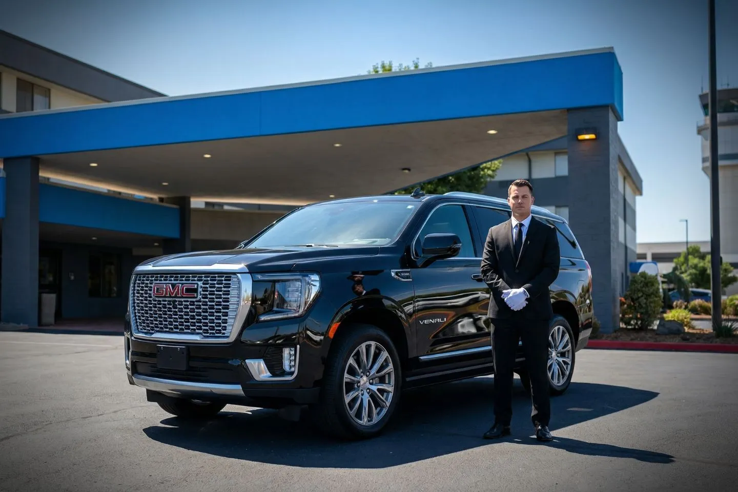 Luxury sedan from Oklahoma, OK Car Service parked outside airport terminal with professional chauffeur assisting passenger