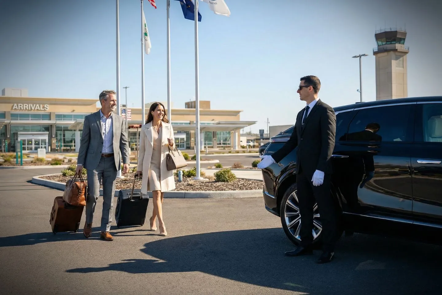 Professional driver assisting luggage for Oregon OR Car Service client at airport curb