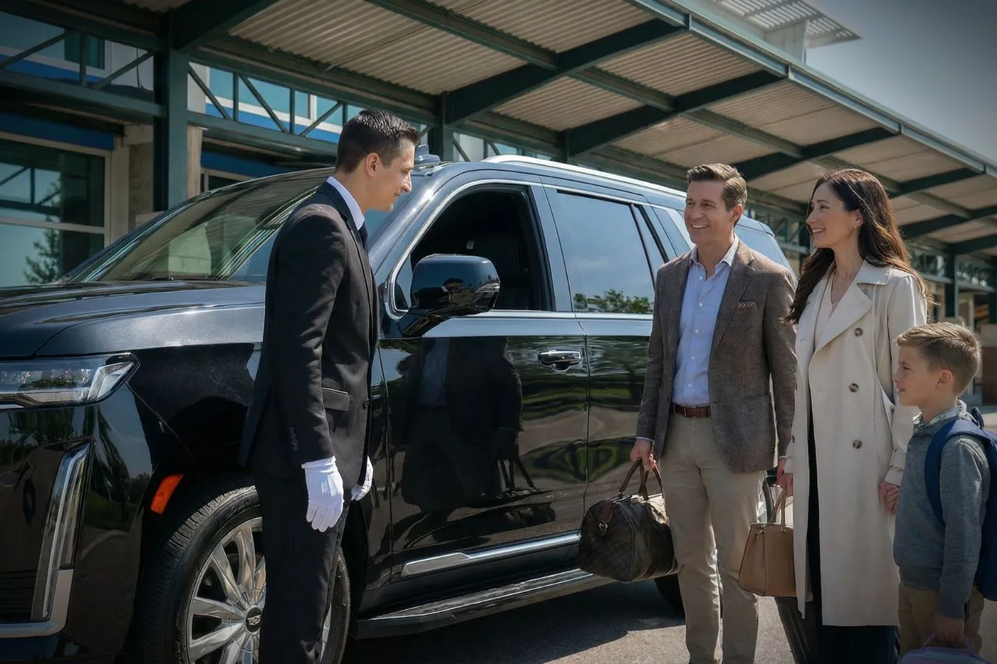 Chauffeur opening door for client using Vermont VT car service outside upscale hotel