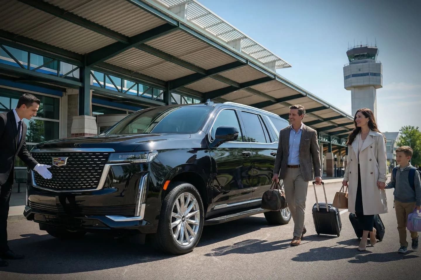 Luxury sedan from Vermont, VT Car Service parked near scenic Vermont mountains with professional chauffeur