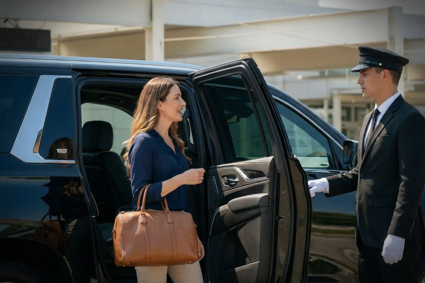 Chauffeur assisting passenger with luggage for BGM Car Service at JFK Airport New York NY terminal curbside