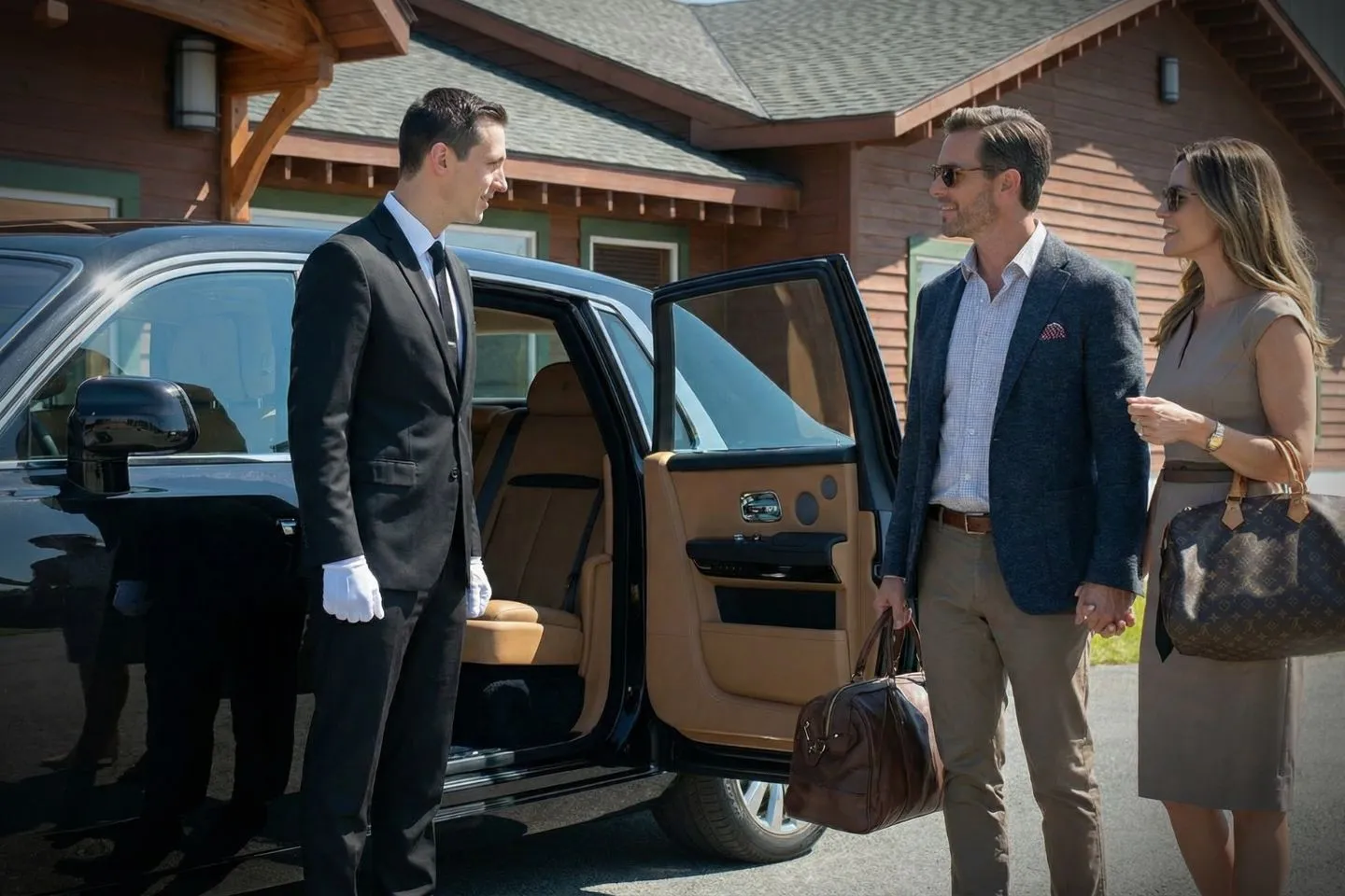 SLK Car Service chauffeur assisting passenger with luggage near LaGuardia Airport terminal in New York, NY