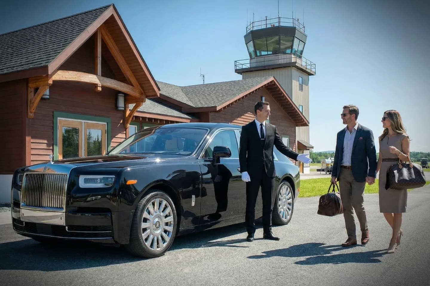 Adirondack Regional (SLK) Car Service luxury sedan arriving at JFK Airport with Manhattan skyline in background