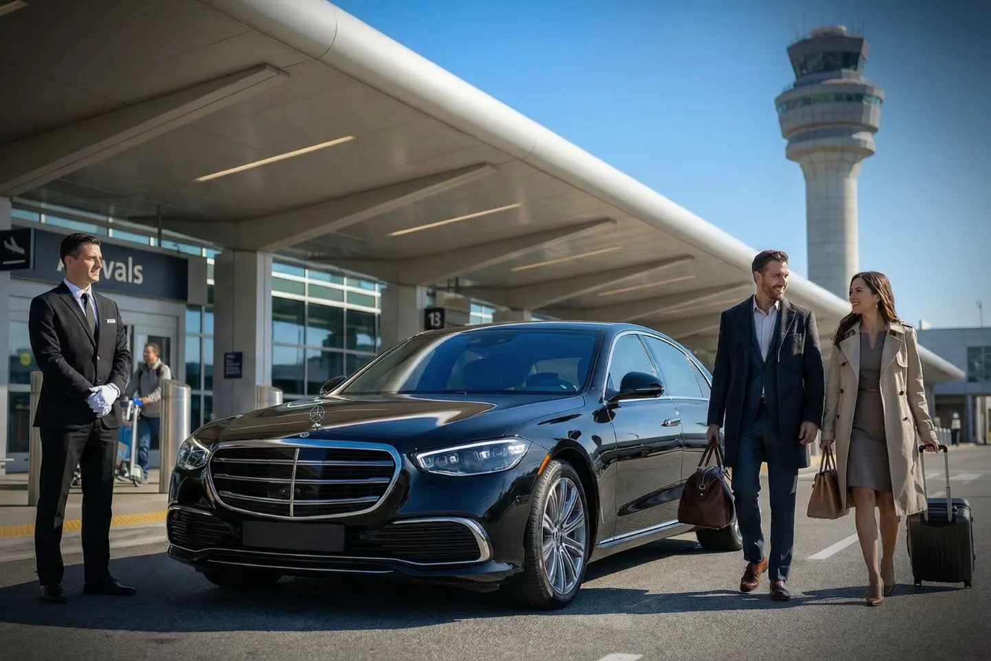 Professional chauffeur with MIV Car Service assisting passenger at JFK Airport terminal in New York, NY