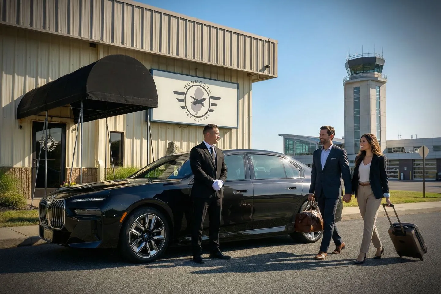 Monmouth Jet Center (BLM) Car Service luxury sedan pickup at Monmouth Airport New Jersey NJ