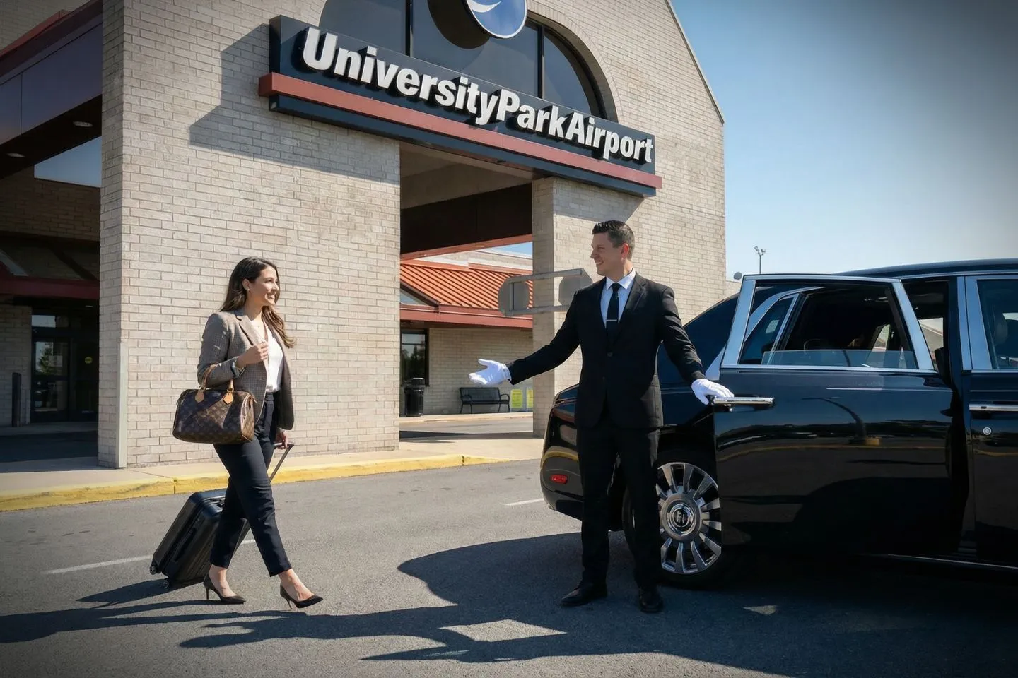 Chauffeur with University Park (SCE) Car Service assisting passenger in downtown State College Pennsylvania