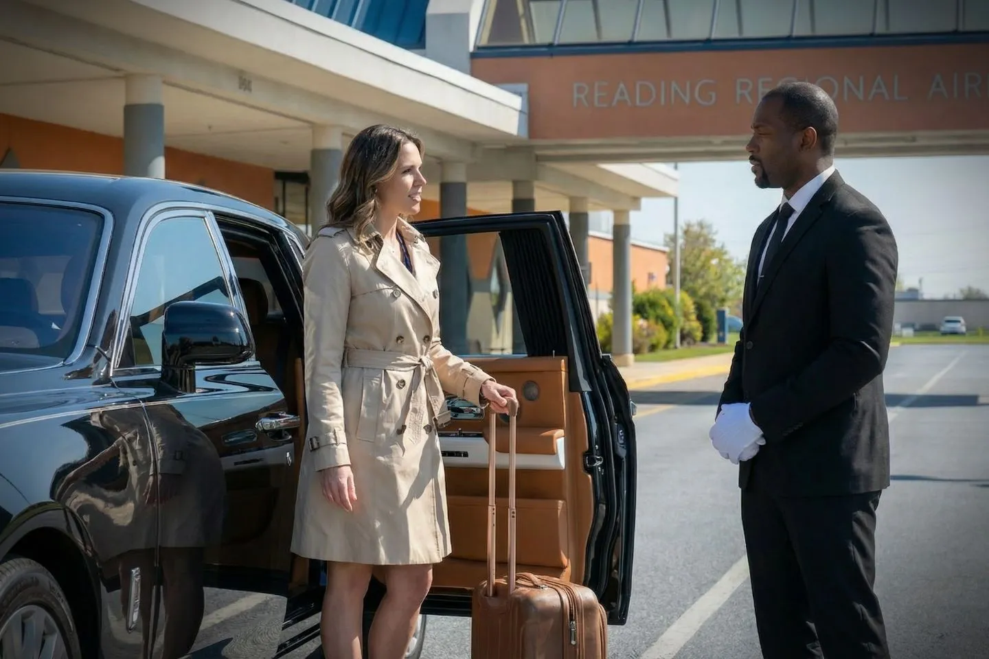 Reading Regional (RDG) Car Service luxury sedan near Reading Pennsylvania airport terminal