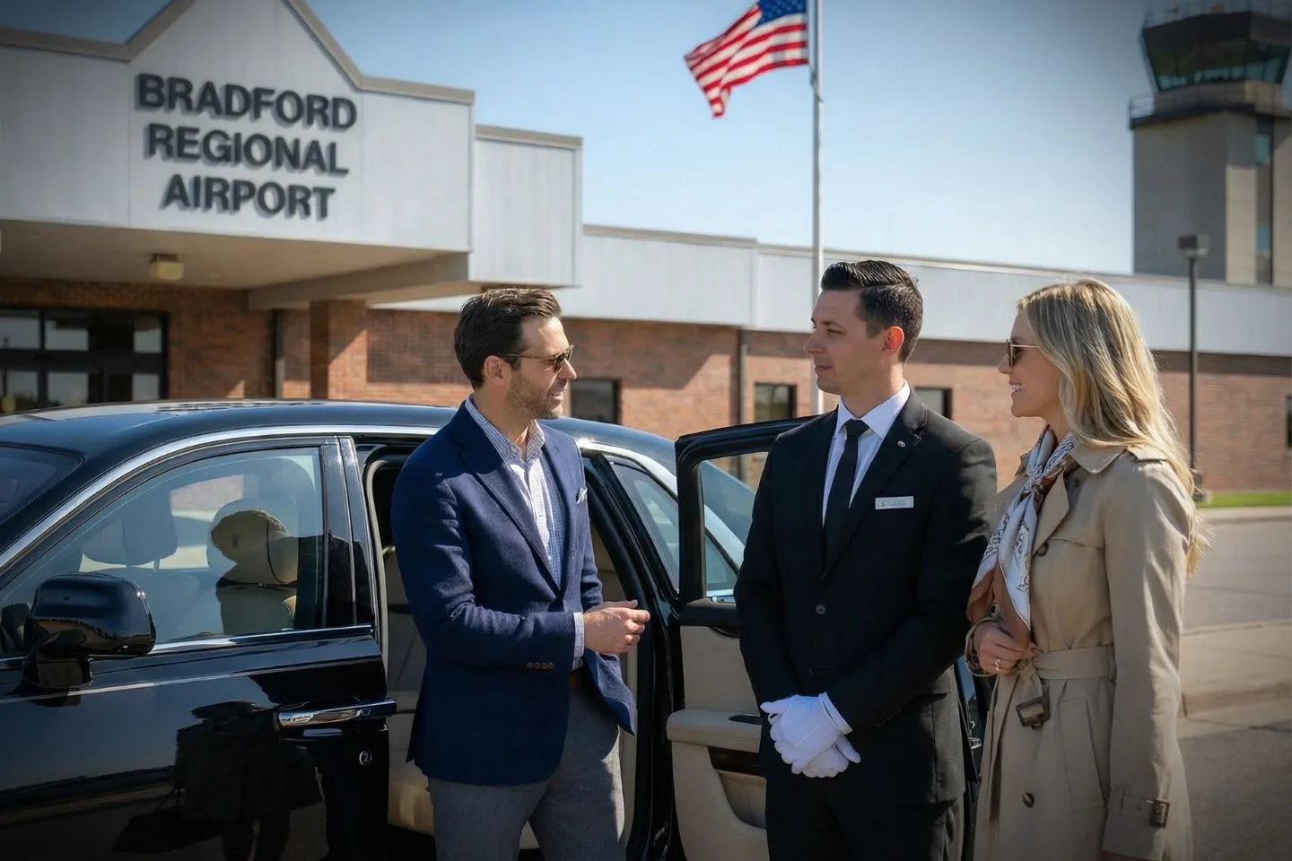 Bradford Regional (BFD) Car Service luxury sedan at airport terminal Pennsylvania PA