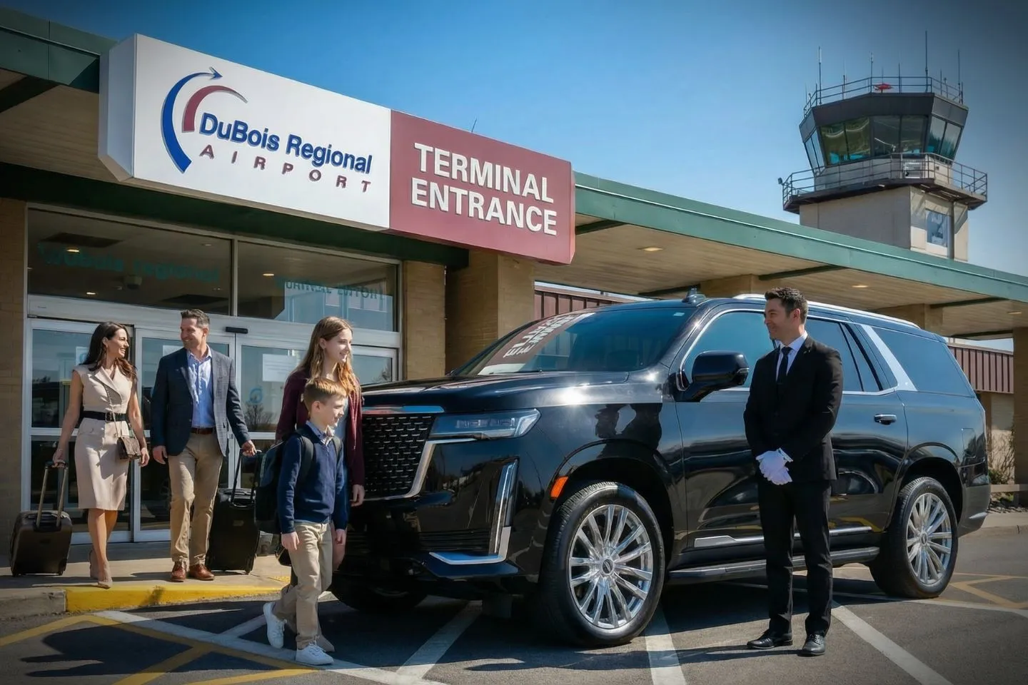 DuBois Regional (DUJ) Car Service luxury sedan at airport terminal Pennsylvania PA