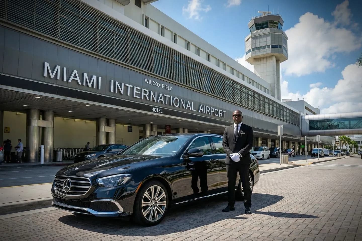 Miami International (MIA) Car Service luxury sedan at airport terminal Florida FL