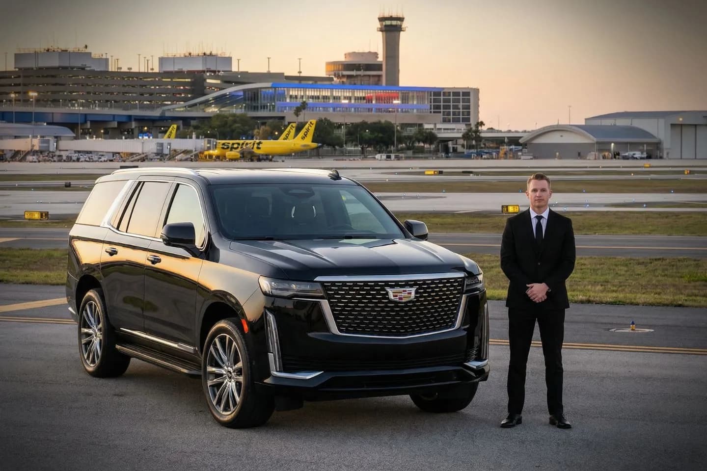 LBE Car Service chauffeur assisting passenger at Tampa airport terminal