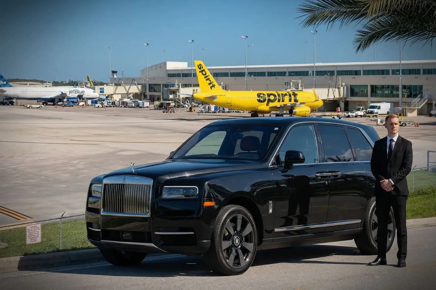 LBE Car Service chauffeur assisting passenger at Fort Myers airport terminal