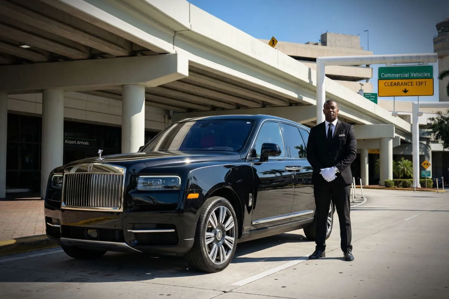 LBE Car Service chauffeur assisting passenger at Palm Beach airport terminal