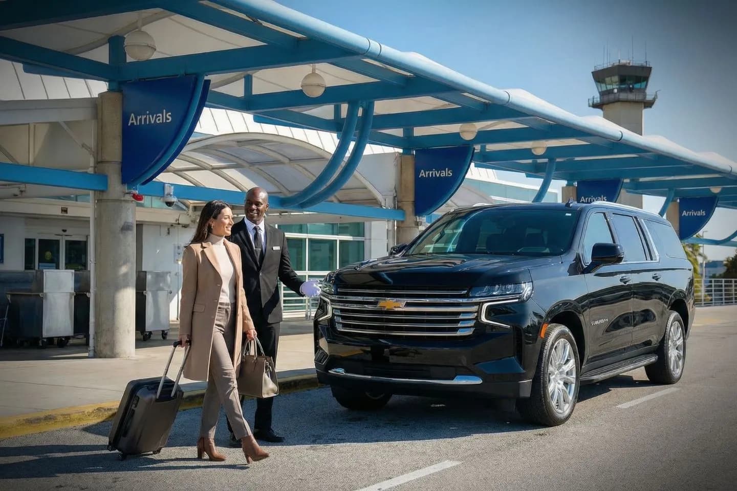 LBE Car Service chauffeur assisting passenger at Jacksonville airport terminal