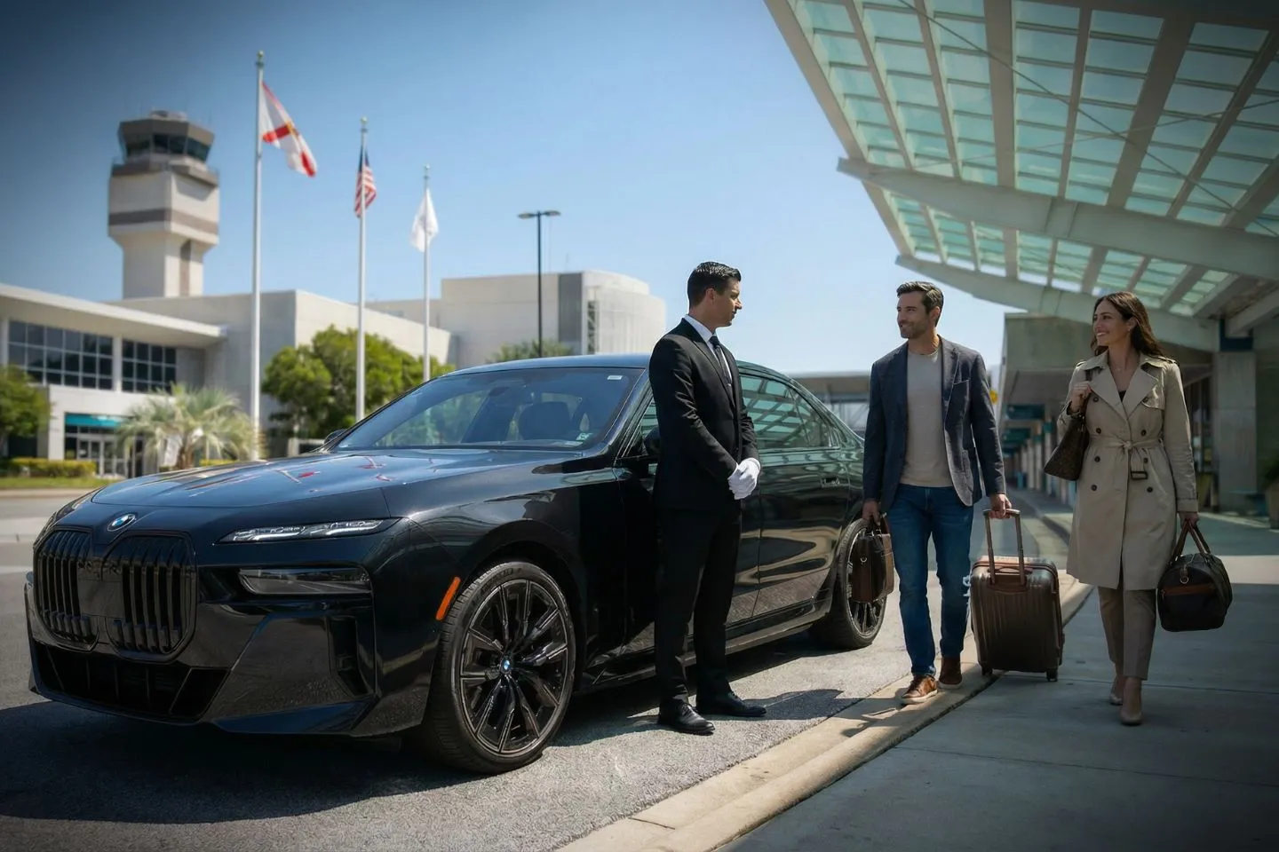 Pensacola International (PNS) Car Service luxury sedan at airport terminal Florida FL