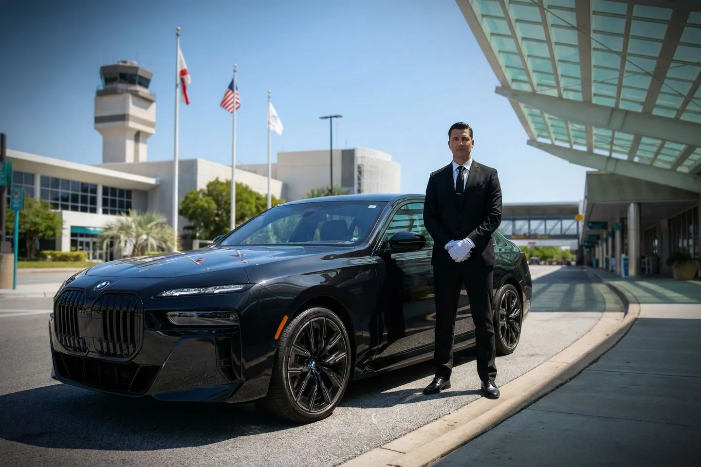 LBE Car Service chauffeur assisting passenger at Pensacola airport terminal