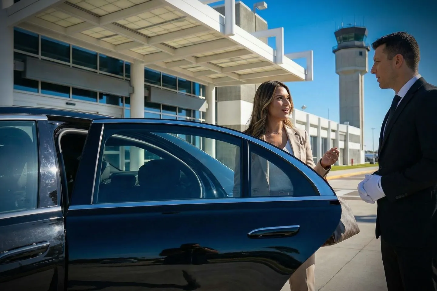 LBE Car Service chauffeur assisting passenger at Clearwater airport terminal