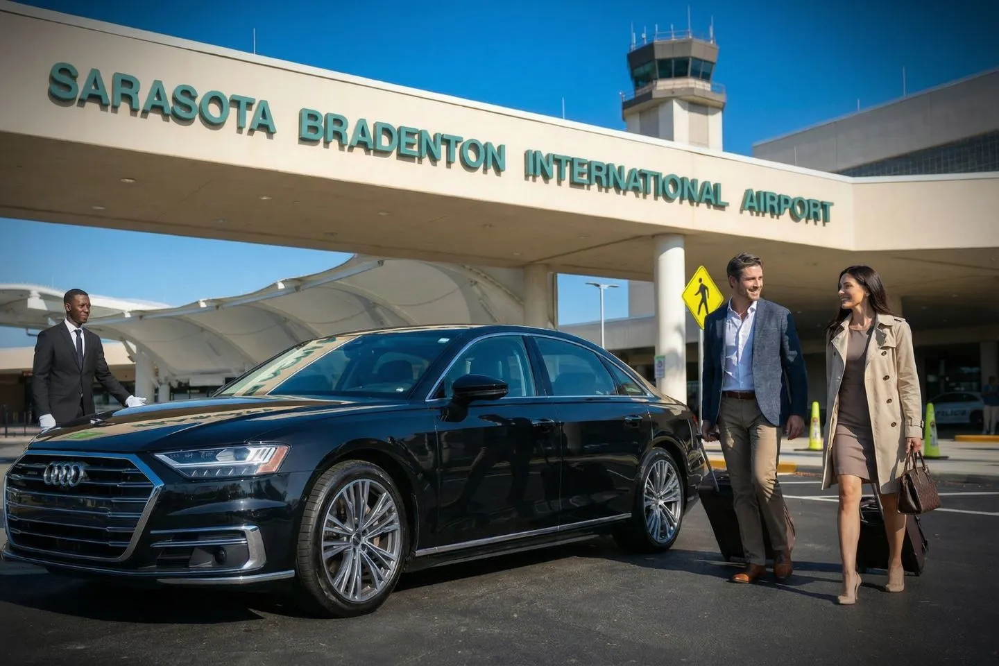 LBE Car Service chauffeur assisting passenger at Sarasota airport terminal