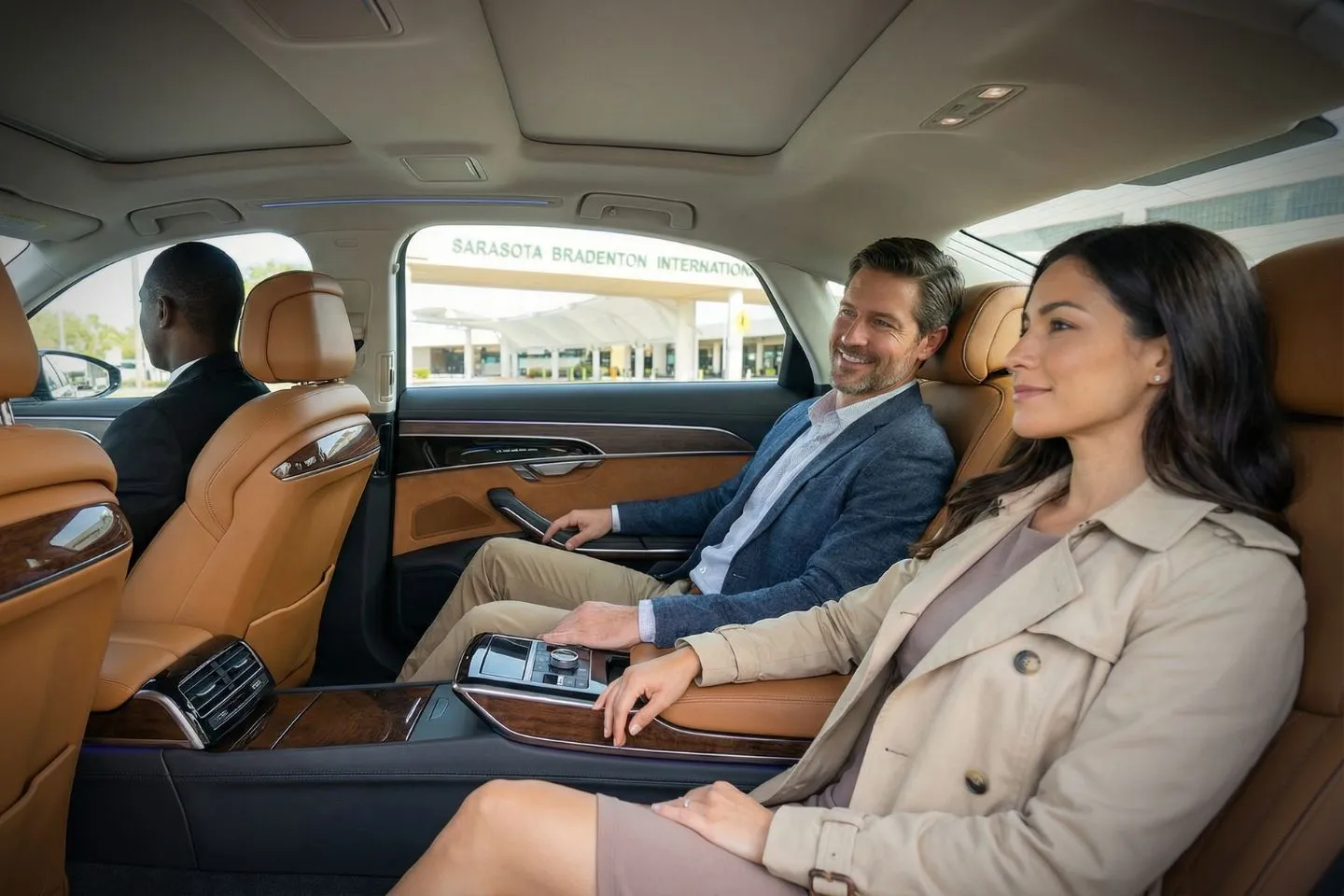 Sarasota Bradenton International (SRQ) Car Service luxury sedan at airport terminal Florida FL