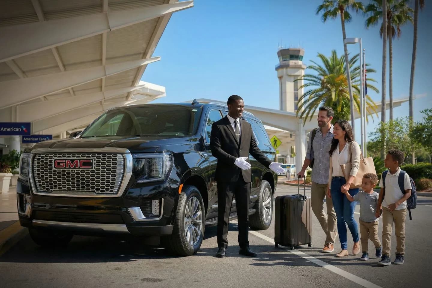 LBE Car Service chauffeur assisting passenger at Daytona airport terminal