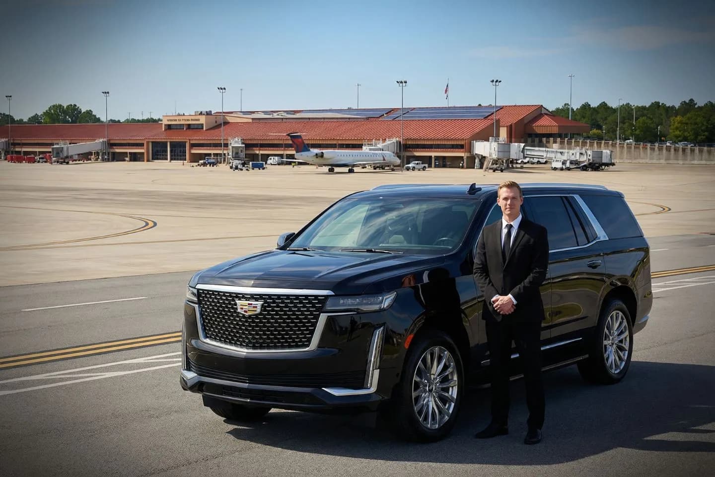 LBE Car Service chauffeur assisting passenger at Tallahassee airport terminal