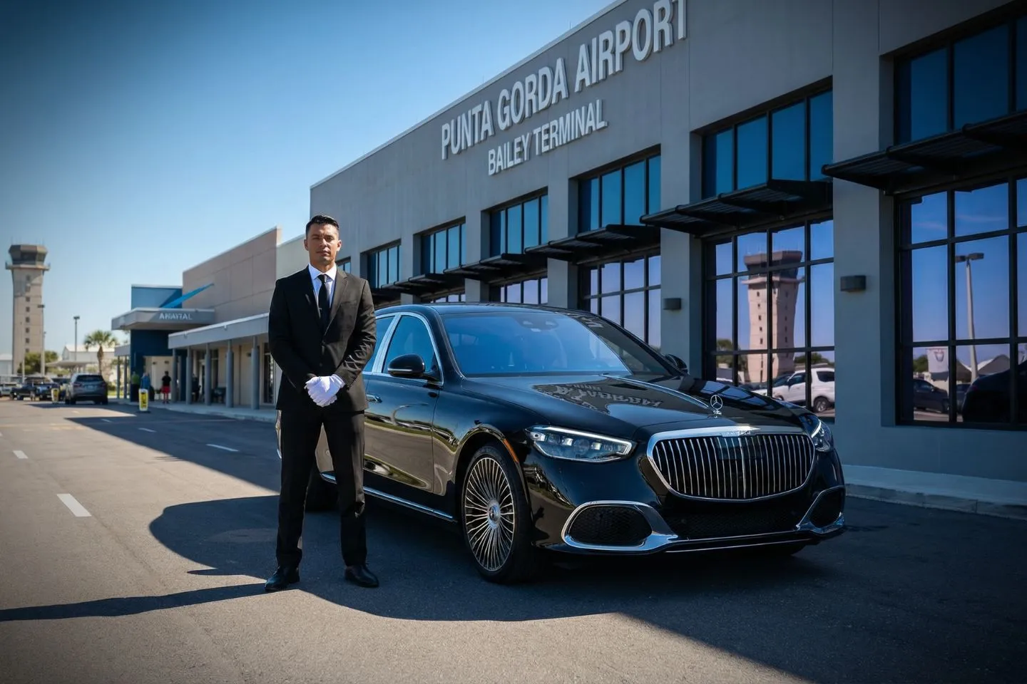 LBE Car Service chauffeur assisting passenger at Punta Gorda airport terminal