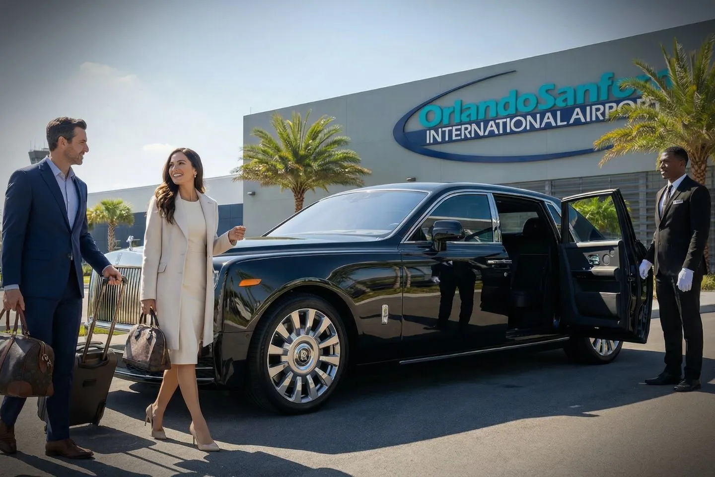 LBE Car Service chauffeur assisting passenger at Sanford airport terminal
