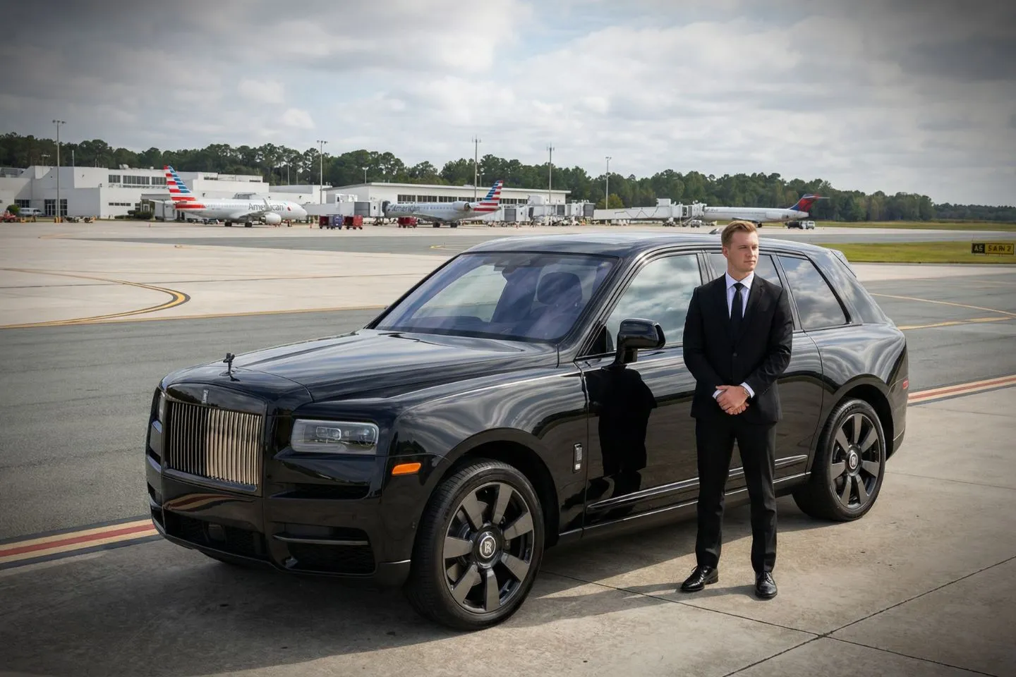 LBE Car Service chauffeur assisting passenger at Gainesville airport terminal