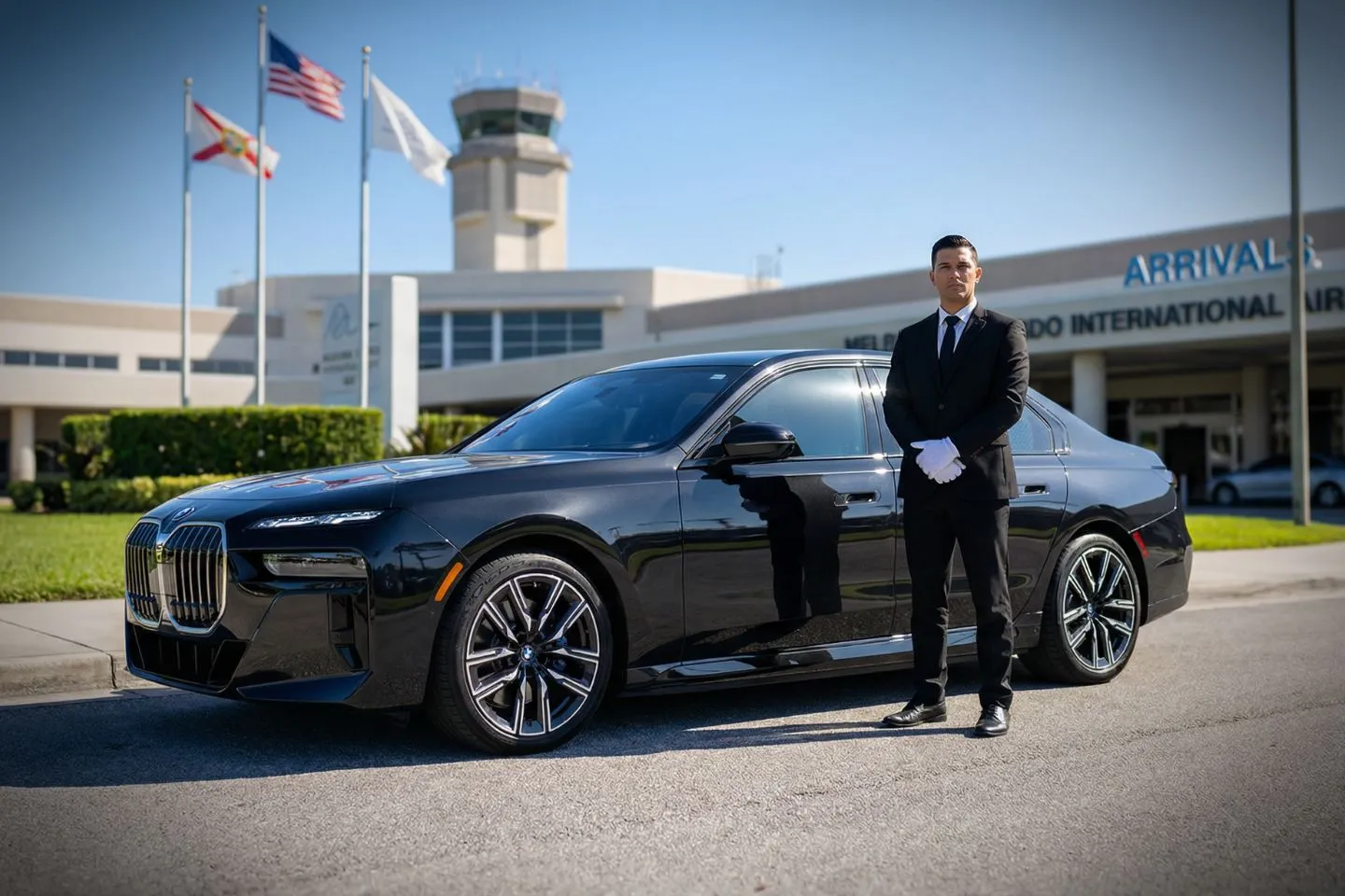 LBE Car Service chauffeur assisting passenger at Melbourne airport terminal