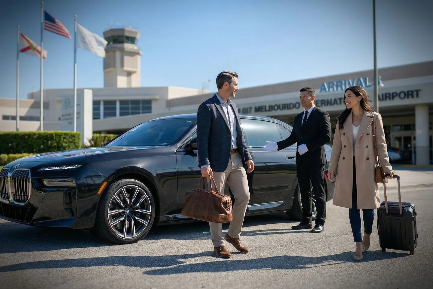 Melbourne Orlando International (MLB) Car Service luxury sedan at airport terminal Florida FL