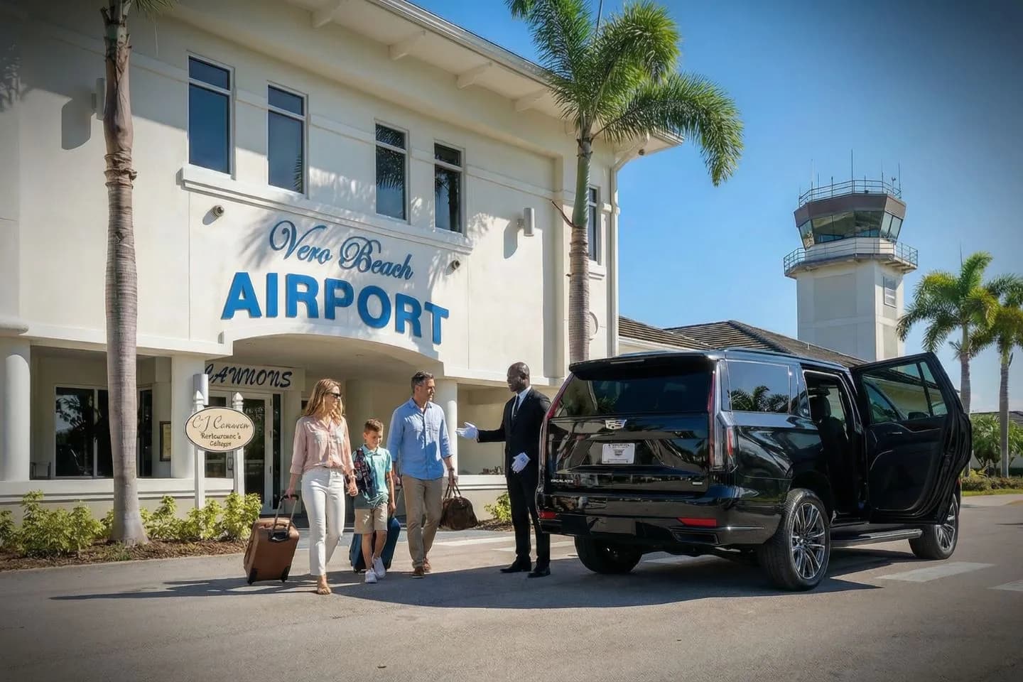 Vero Beach Regional (VRB) Car Service luxury sedan at airport terminal Florida FL
