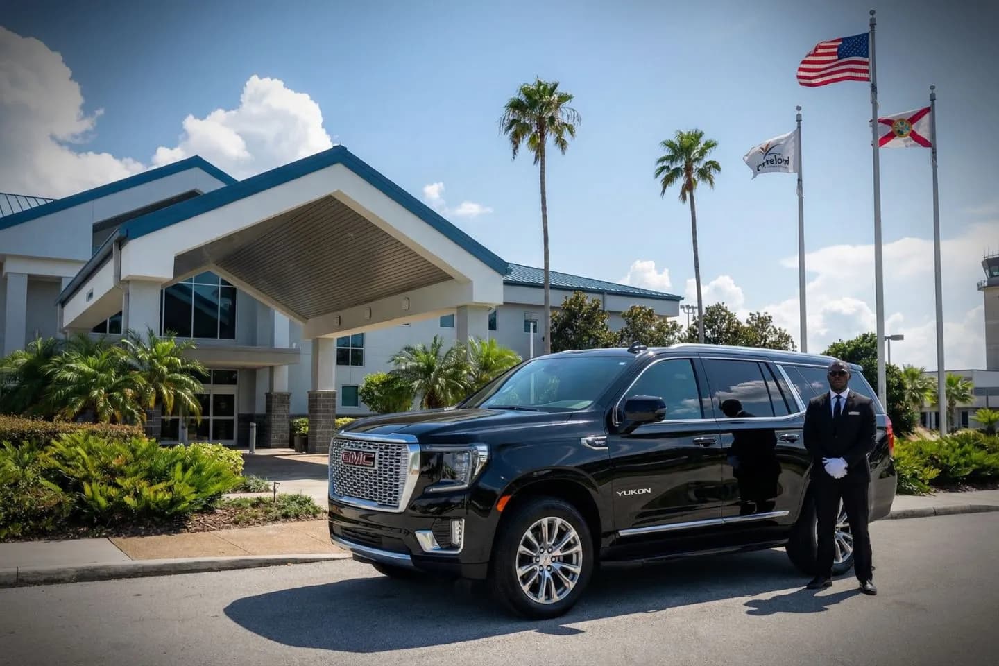 LBE Car Service chauffeur assisting passenger at Lakeland airport terminal