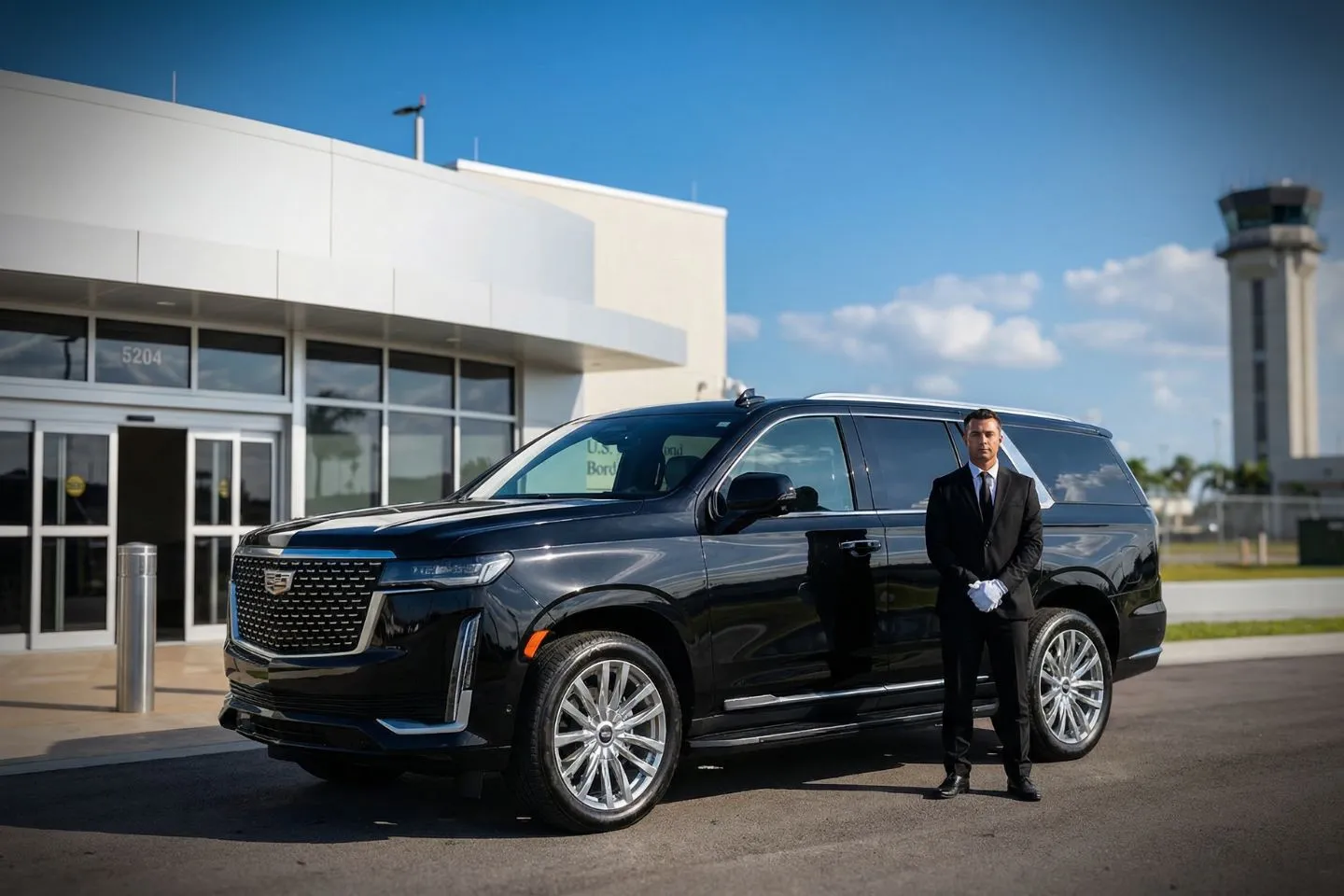 LBE Car Service chauffeur assisting passenger at Boca Raton airport terminal