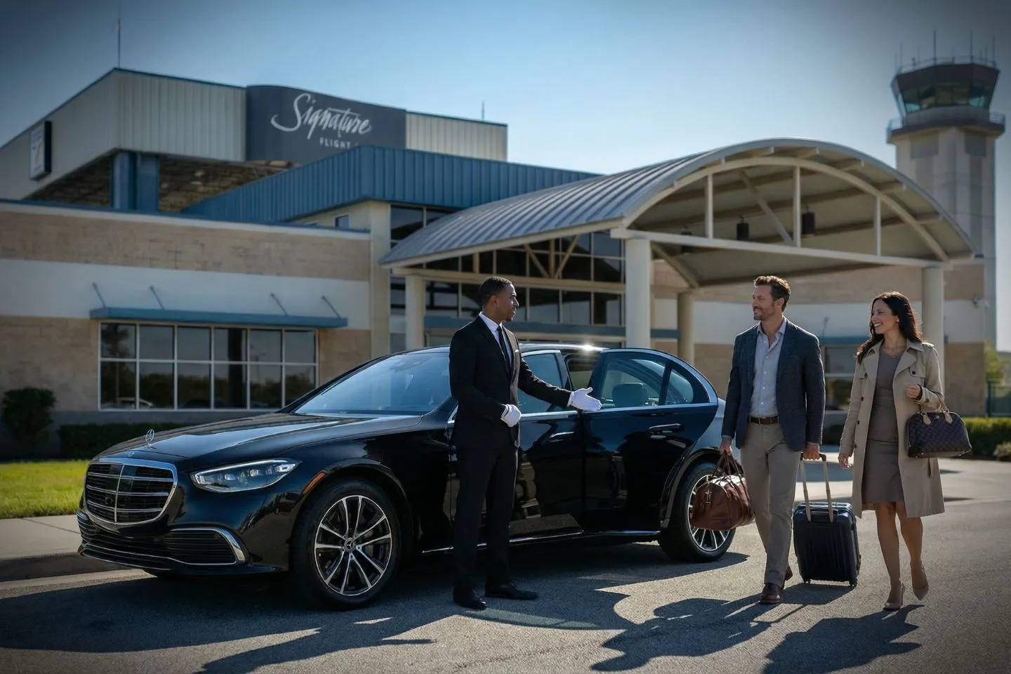 LBE Car Service chauffeur assisting passenger at Kissimmee airport terminal