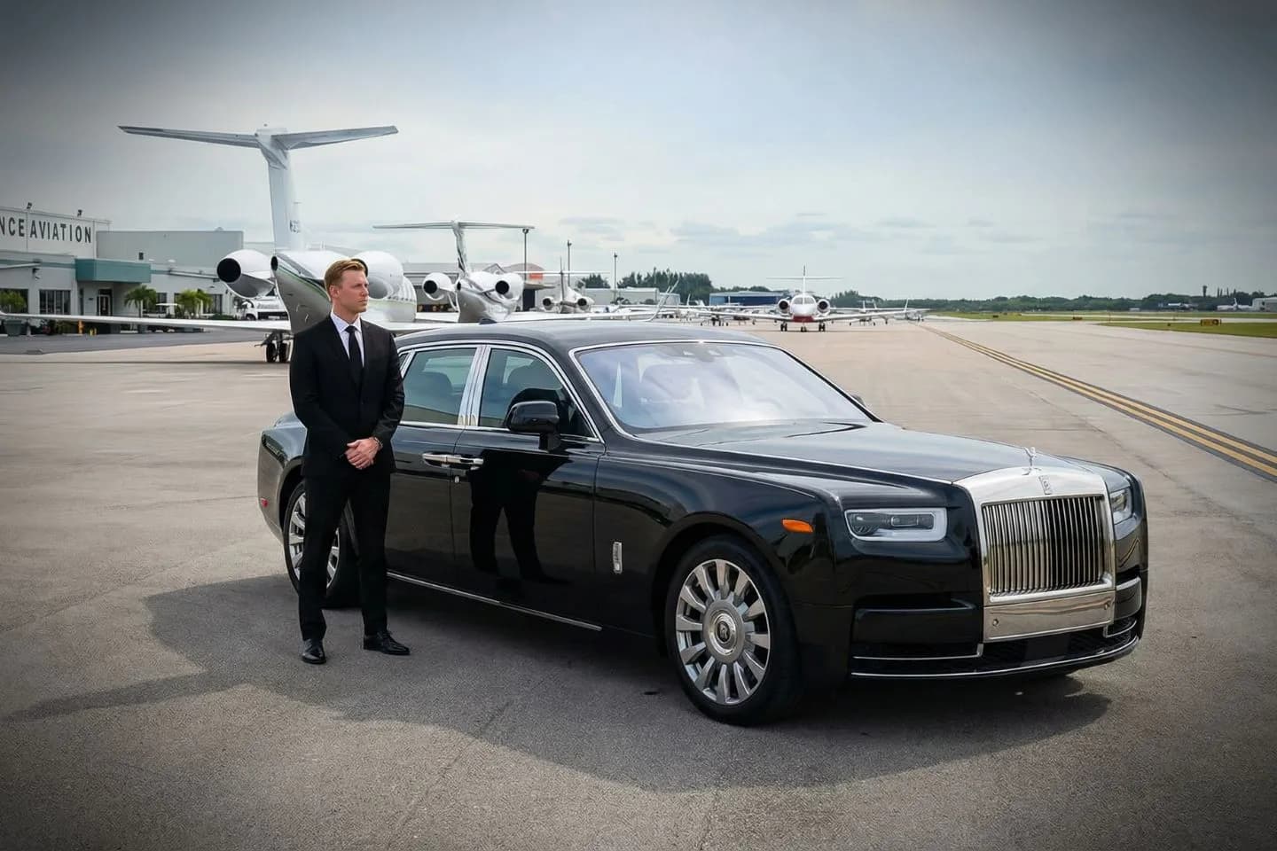 LBE Car Service chauffeur assisting passenger at Miami executive airport