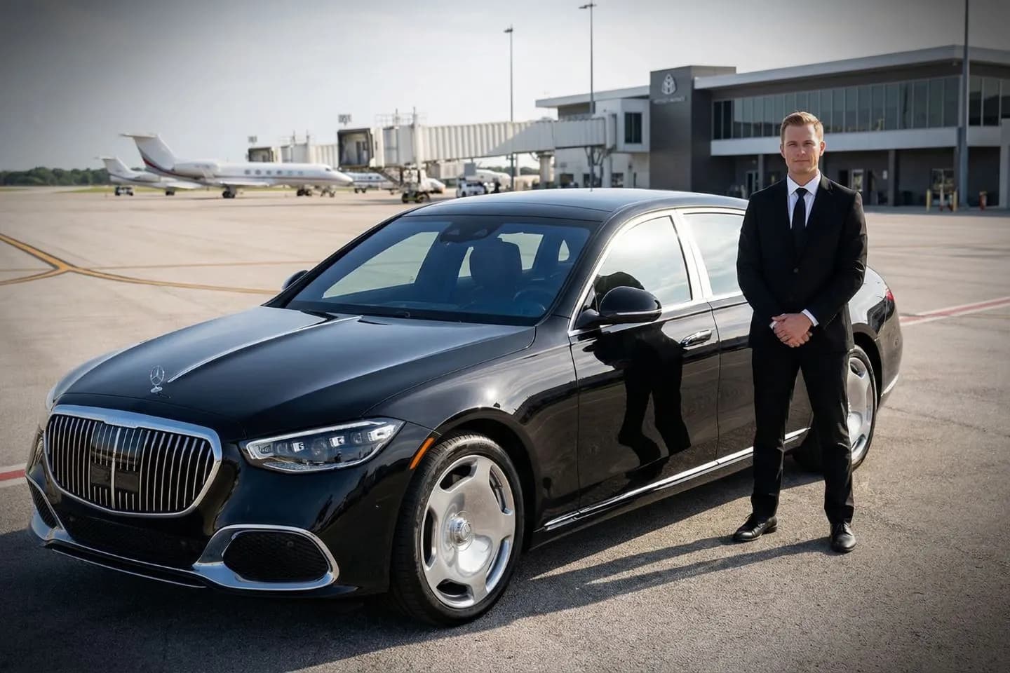 LBE Car Service chauffeur assisting passenger at Tampa airport terminal