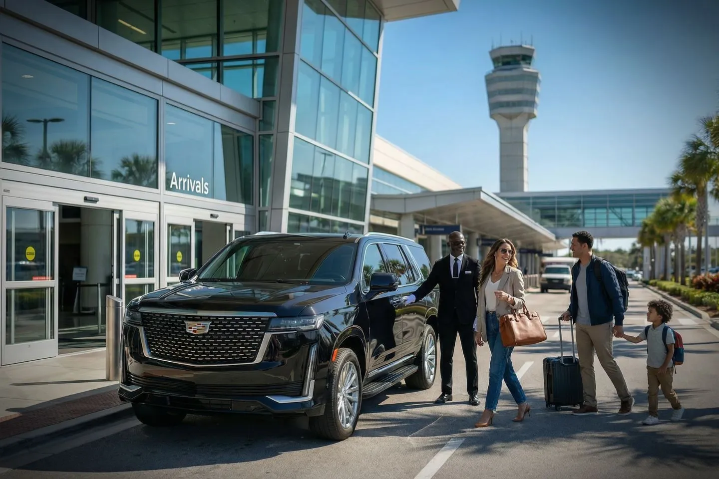 North Perry (HWO) Car Service luxury sedan near Hollywood Florida airport terminal