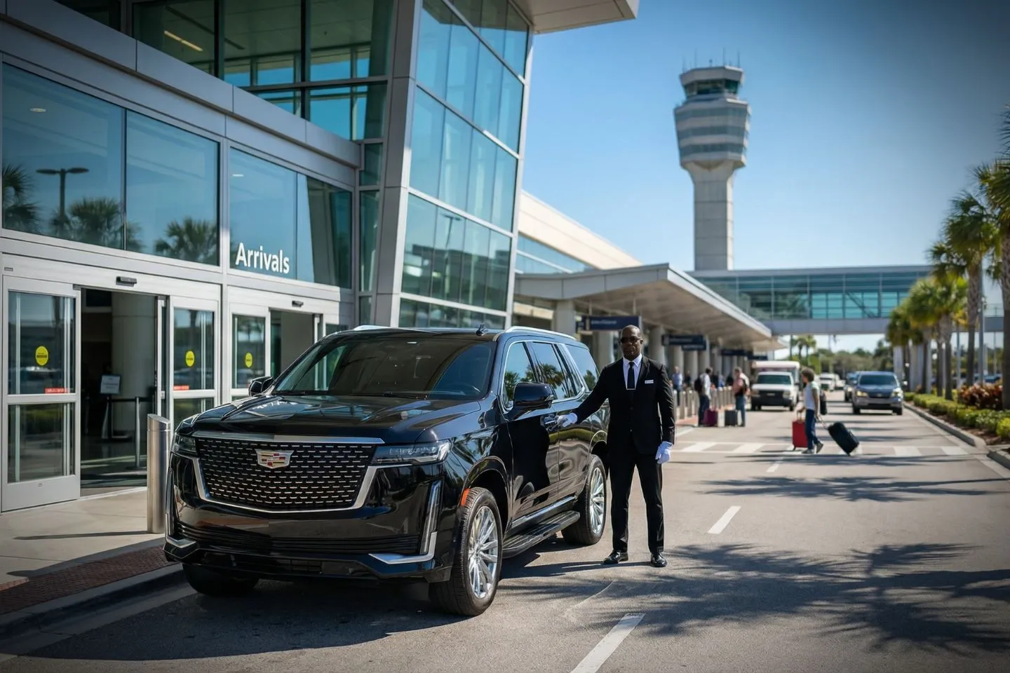 LBE Car Service chauffeur assisting passenger at Hollywood airport terminal