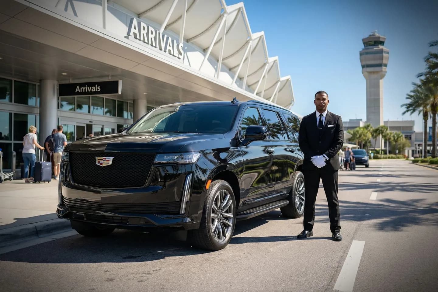 LBE Car Service chauffeur assisting passenger at Herlong airport terminal
