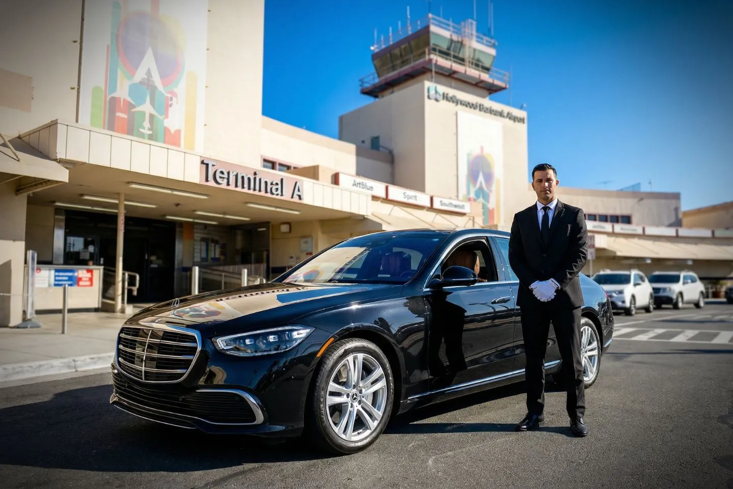 1.	Luxury black Mercedes Benz S Class parked at Hollywood Burbank Airport BUR terminal curbside