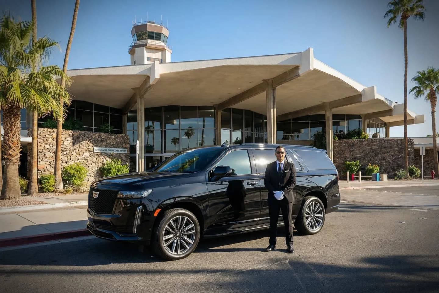 Luxury black sedan parked outside Palm Springs International Airport PSP terminal