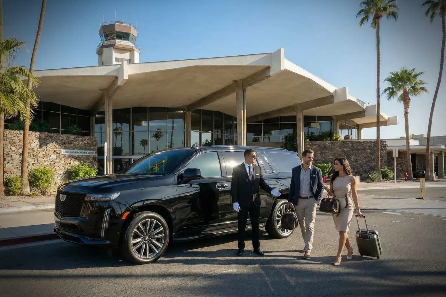 Union Limousine chauffeur greeting guest at PSP Palm Springs airport during Coachella weekend