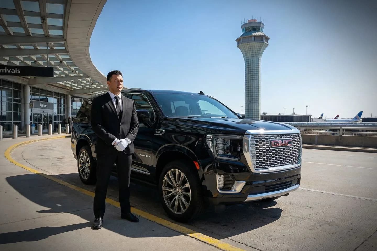 Luxury black sedan parked outside Chicago O'Hare International Airport terminal